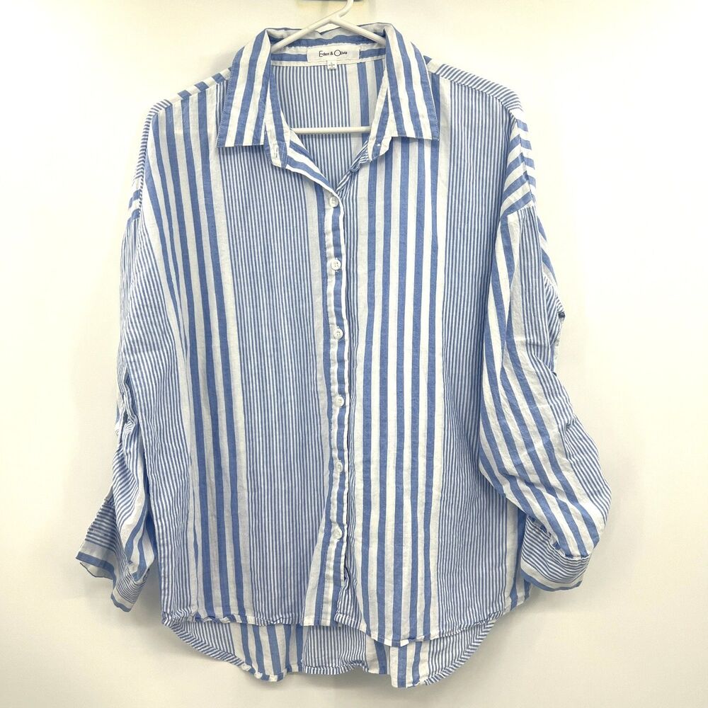 Eden & Olivia Blue White Striped Button Up Shirt Womens L Cotton Long Sleeve
